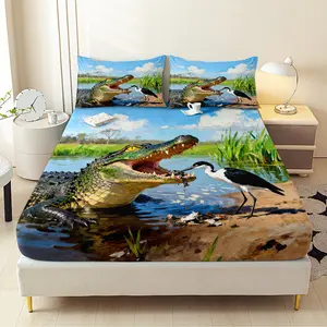 3pcs Crocodile Fox Fitted Sheet Set All Seasons Decorative Mattress Cover Animal Mattress Protector Boho Bedding Set Bedroom Decor for Home Guest Room Decor 1 Fitted Sheet+2 Pillowcases Without Core