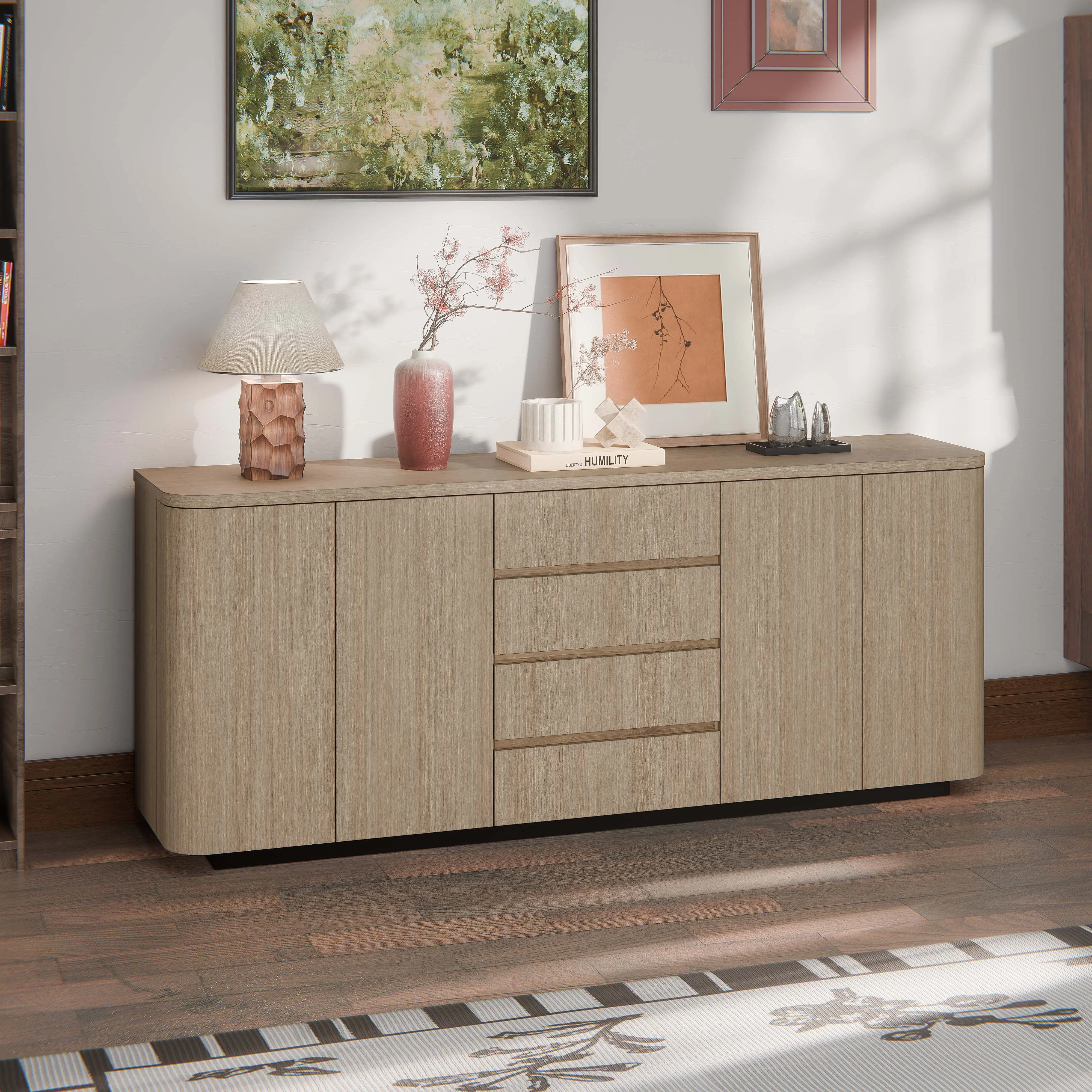 Homsee 86.6-in Solid Frame Sideboard Buffet - Modern Home Furniture, 4-Door Storage Cabinet with Drawer, Curvy-Corner Cupboard, Living Room Dresser for Room Transformation & Life Organization (Natural Oak)