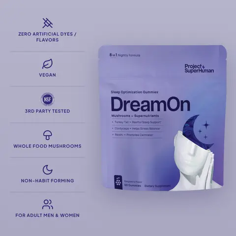 Project Superhuman DreamOn Sleep Gummies for Adult Men & Women, 8-in-1 Deep Sleep Support with 6mg Melatonin, L-Theanine, Lion's Mane, Reishi, Cordyceps & Turkey Tail Mushrooms, Non-Habit Forming, Vegan, Gluten-Free, Raspberry, 60 Ct / 30 Servings
