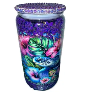 Sea Turtle Snowglobe 16oz Colorful Floral Design with Sparkling Purple Lid & Glitter Accents Glass Straw Lids Stylish Reusable Portable Water Bottles Cup Drinkware