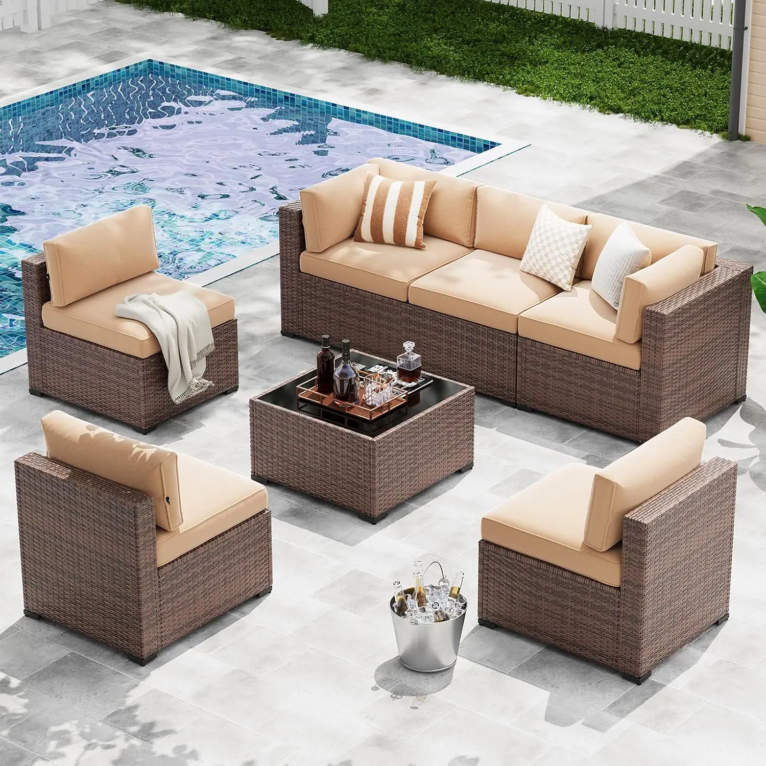 Jolydale 7-Piece Modular Wicker Rattan Outdoor Furniture Set - Flexible Design Sectional Conversation Sofa with Removable Pads for Backyard, Poolside, Patio Furniture Sets