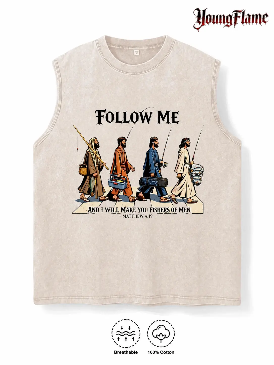 Vintage Acid Wash Jesus Fishing Graphic Tee Christian Streetwear Y2K Clothing Summer Sleeveless Tank Top loose fit casual shirt cotton t-shirt