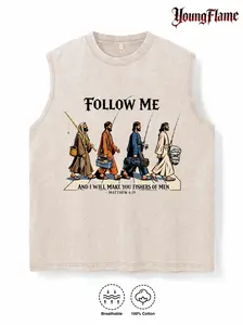 Vintage Acid Wash Jesus Fishing Graphic Tee Christian Streetwear Y2K Clothing Summer Sleeveless Tank Top loose fit casual shirt