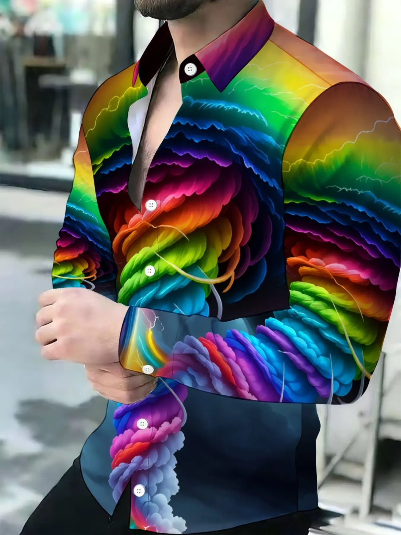 Men's Vibrant Rainbow Tornado Cloud Print Breathable Lapel Long-Sleeve Cardigan