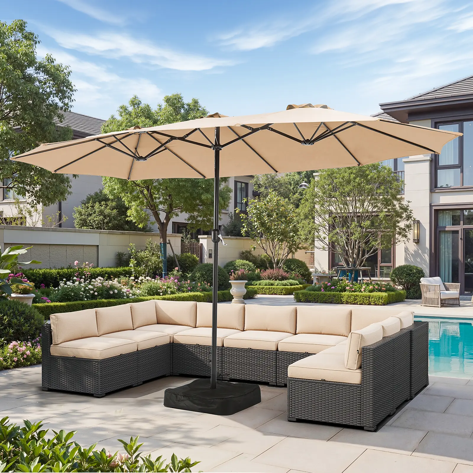 Aoxun 15ft Patio Umbrella with Base Included, Outdoor Double-Sided Rectangular Umbrella with Crank Handle & Ventilation, Large Standing Umbrella for Pool, Deck, Lawn, Backyard & Beach summerwins garden pool lawn backyard