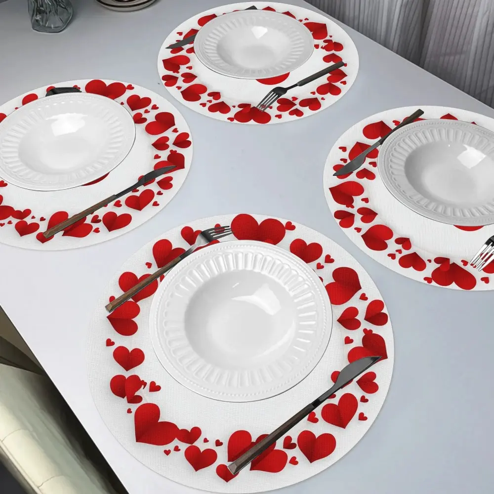 Red Valentine's Day love placemats, round table mats suitable for home decoration, very suitable for daily use, festivals, kitchen banquets, table decoration, Dining Table Mats