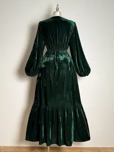 Elegant Bohemian Embroidered V-Neck Velvet Dress, Long Sleeve Fall Winter Fashion, Holiday Vacation Style, Women's Elegant Dresses