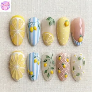 3D Lemon Slice Daisy Floral Summer Press On Nails, Handmade Citrus Fruit Nail Art, Cute Pastel Lemon Branch Design, Reusable Custom Size Gift Idea