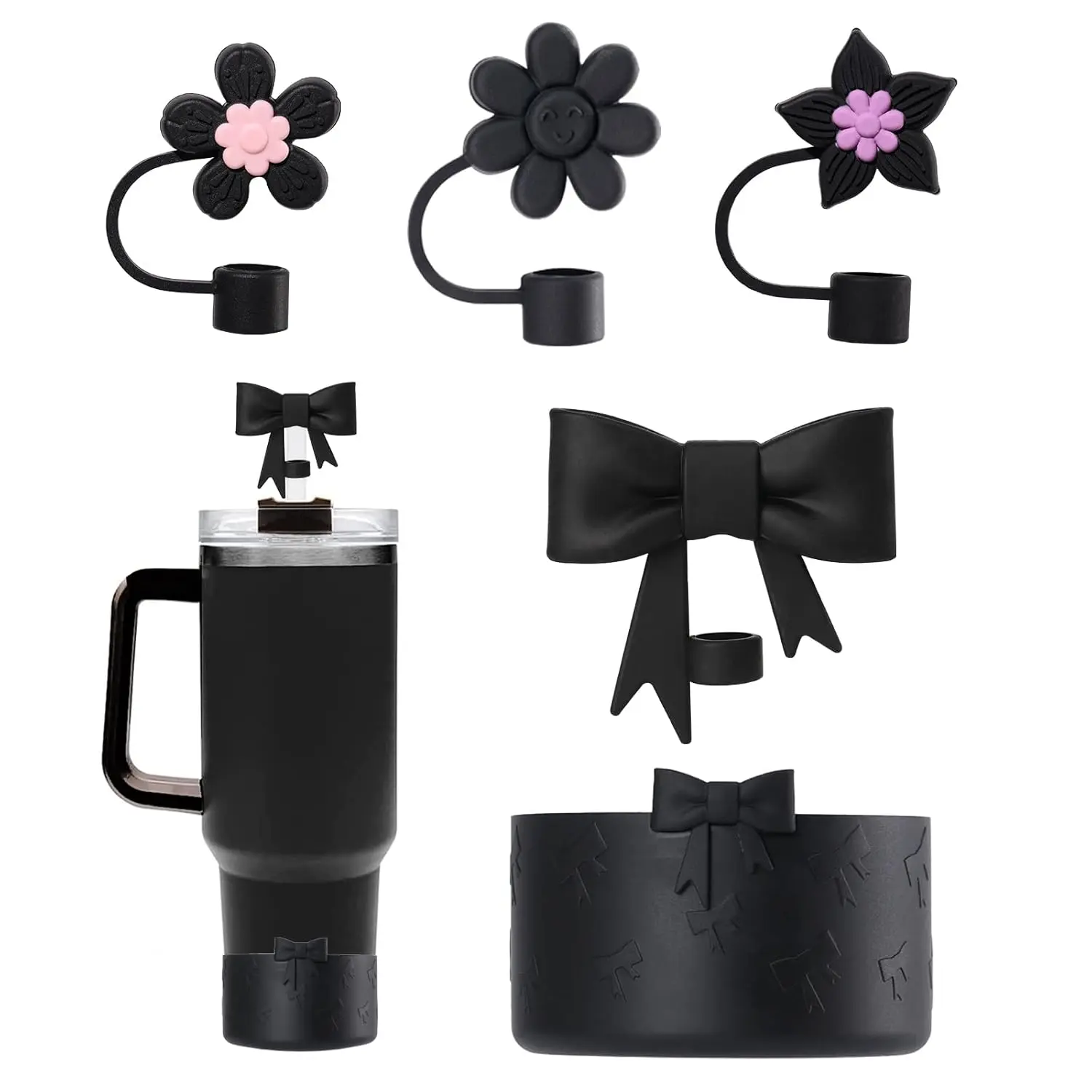 Tumbler Accessories Set Including 4 count Siliocne Straw Covers Toppers Caps for 10mm/0.4 in Straws,1 Pcs Siliocne Boot for Stanleys Cup 40oz 30oz 20oz - Black