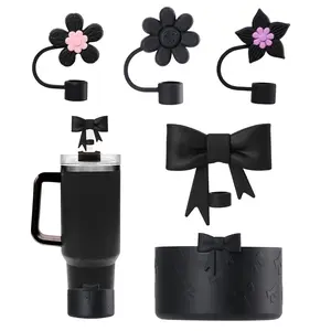 Tumbler Accessories Set Including 4 count Siliocne Straw Covers Toppers Caps for 10mm/0.4 in Straws,1 Pcs Siliocne Boot for Stanleys Cup 40oz 30oz 20oz - Black