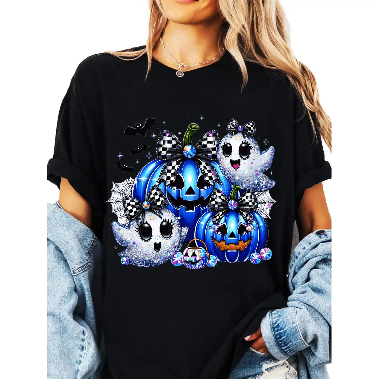 Womens Halloween T-shirt featuring Cute Ghosts and Blue Pumpkin Graphic Soft Breathable T-shirt for Halloween Party Outfits Daily Fall and Party Wear Spooky Cute Top Halloween Event for Women Short Sleeves