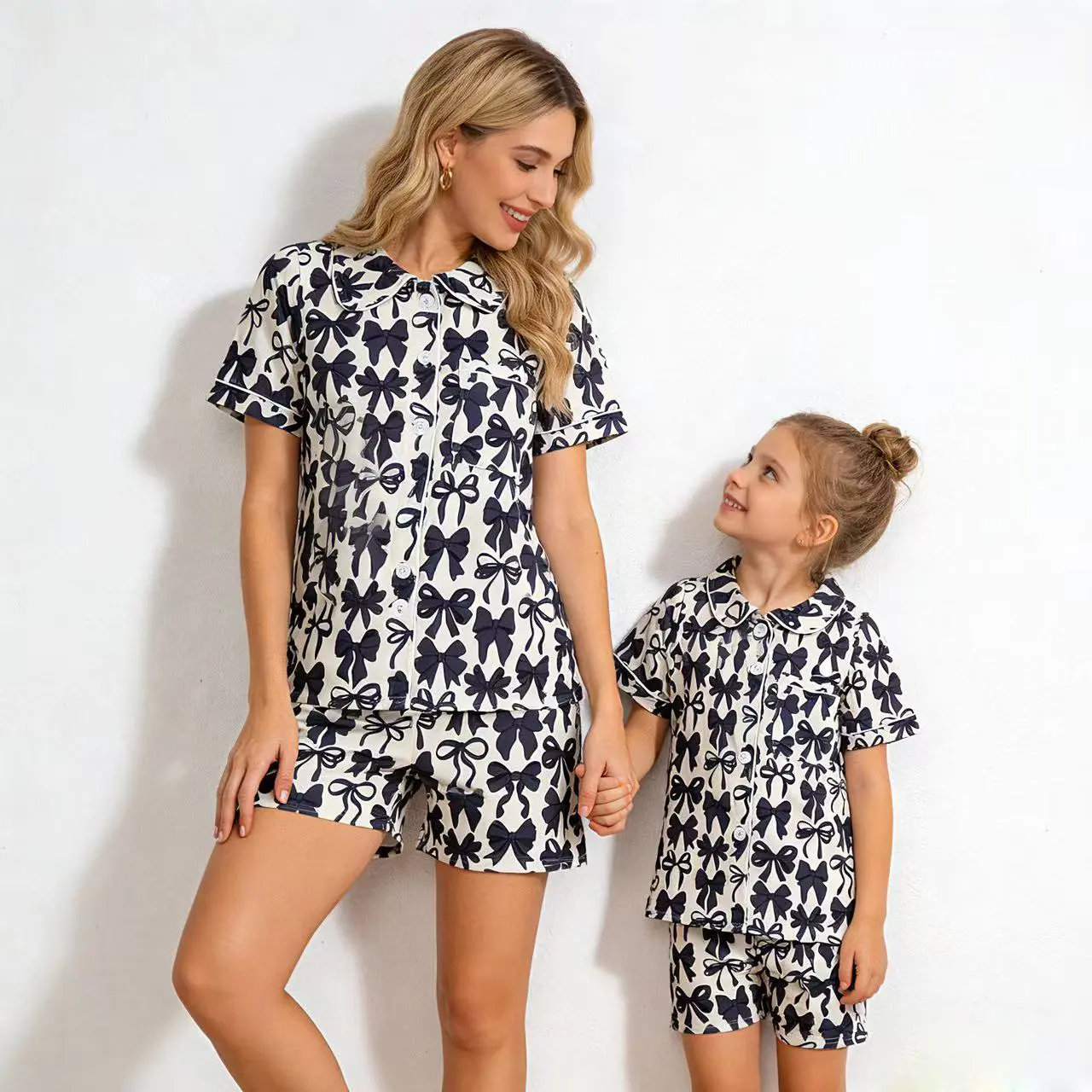Mommy & Daughter Matching Bow Print Pajama Set - Women's & Kids' Soft, Breathable, Comfortable Short-Sleeve Nightwear Pyjamas