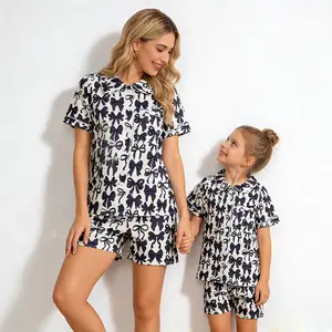 Kids & Women Matching Bow Pajamas Soft Breathable Mommy Daughter Matching Pajamas | Bow Print Short Sleeve Loungewear