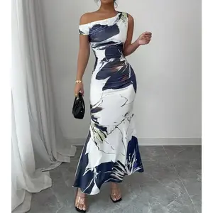Floral Print Asymmetric Neck Fishtail Dress, Fashionable Summer Holiday Wedding Guest Dress Womenswear Fabric