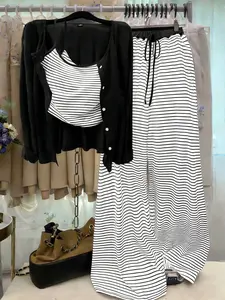 Women's Casual Loose-Fitting Knit Cardigan, Button Front Closure, Striped Pattern, Daily Wear Fashion Outerwear, Two-Piece Set, Womenswear