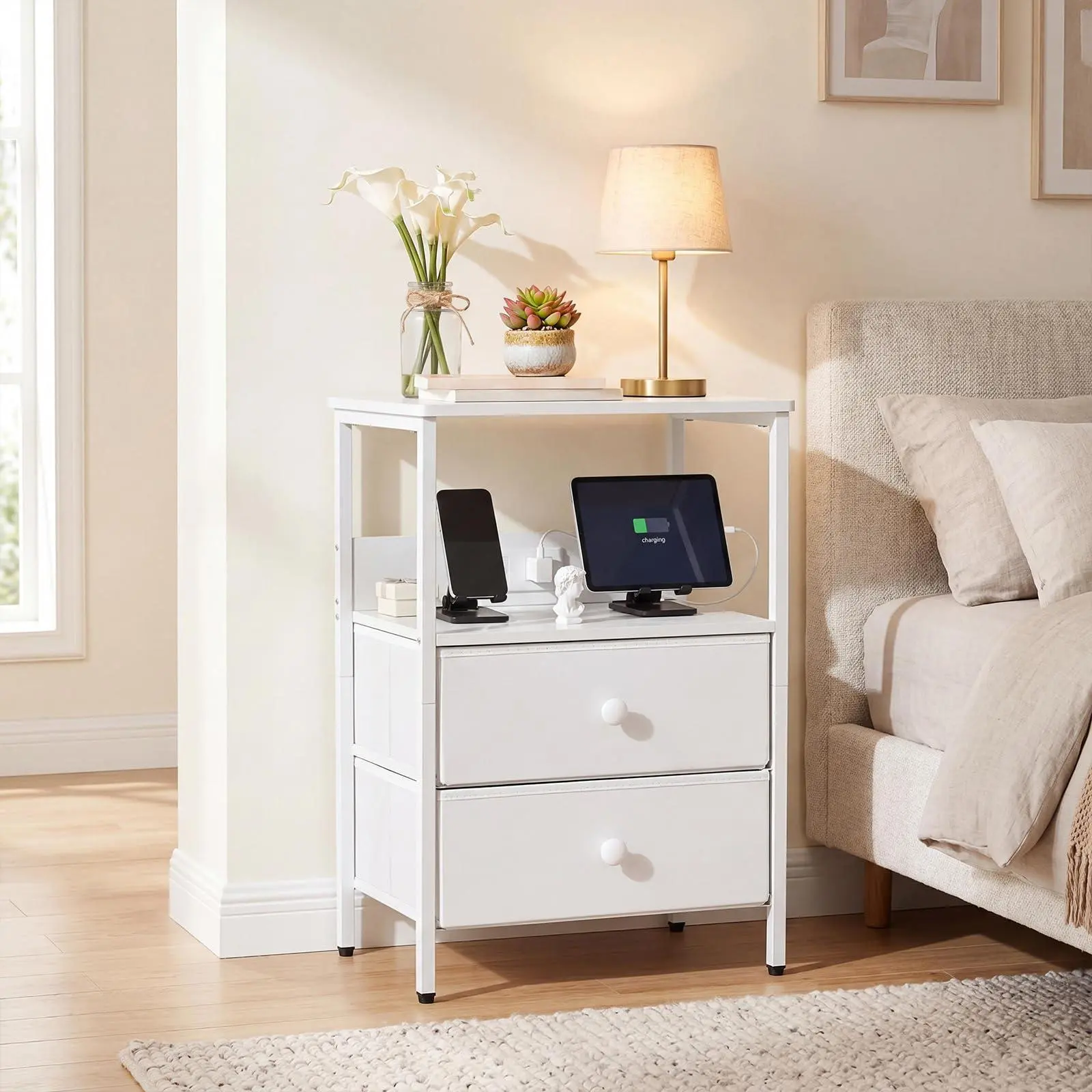 Modern White Bedside Cabinet with Charging Station – 2 Fabric Drawers, Open Shelf, USB & Type-C Ports, Power Outlet, Compact Bedside Table for Bedroom Storage – White