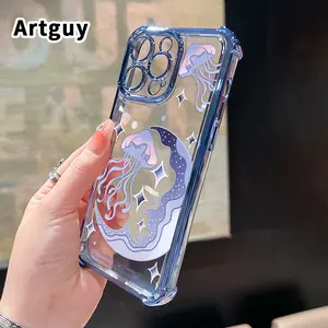 Jellyfish Pattern Four Corner Anti-Fall Phone Case Transparent Electroplated Protective Cover for iPhone 16 Pro Max 15 Plus 14 13 12 11 E