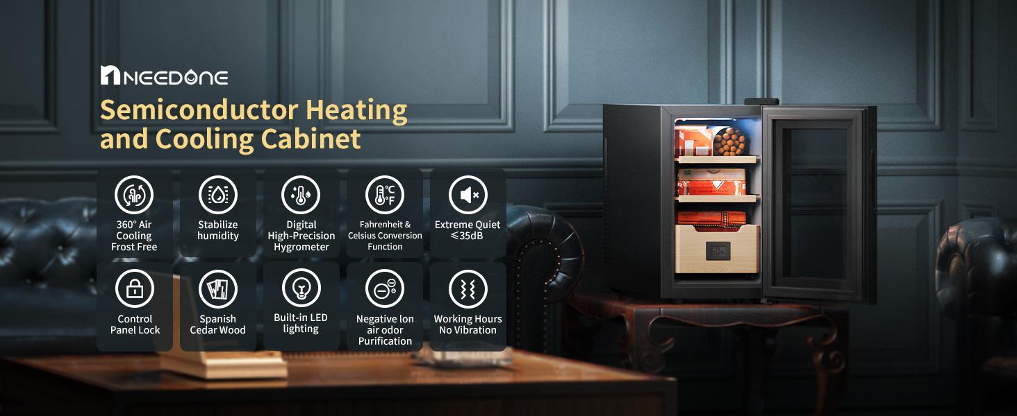 Humidor 48L for Cigar with Heating and Cooling Temperature Control System, Quiet Thermostatic Electric Cooler Cabinet for 350 Counts with Digital Hygrometer, Spanish Cedar Wood, Gift for Men