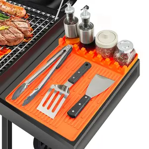 Silicone Grill Cover Mat for Grill Large Griddle Tools Mat with Drip Pad Heat Resistant BBQ Tool Rest Side Shelf Spatula Mat for Outdoor Kitchen Countertop Grey or Orange Gift for Men Barbecue Accessories Utensils Stainless Steel L Lock