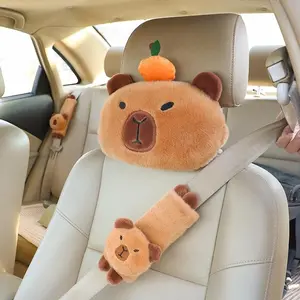 Cute Capybara Car Headrest and Seat Belt Pad Set, Soft Plush Animal Neck Pillow, Universal Fit, Fun Cartoon Car Interior Decor, Car Accessories