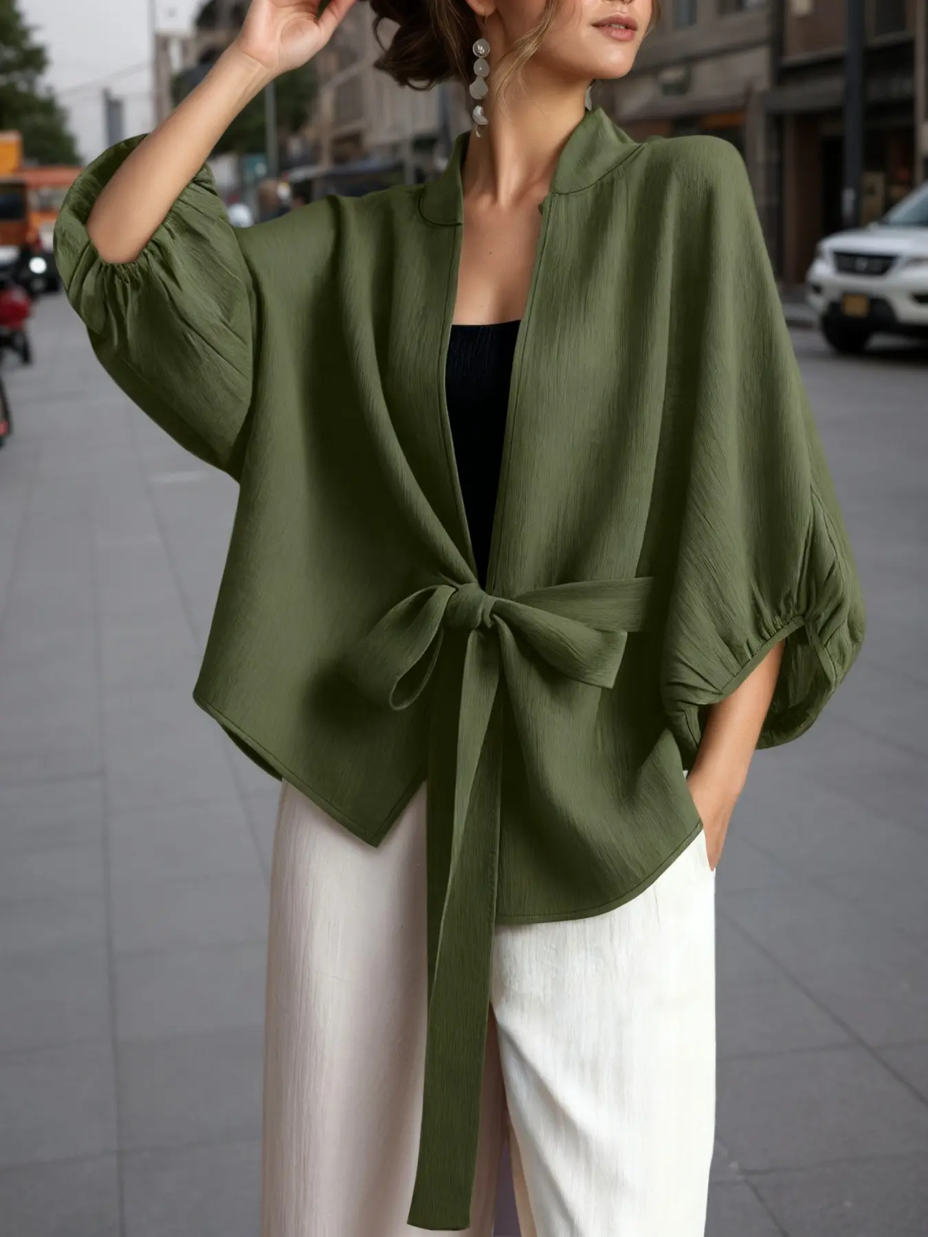 Women's Casual Cardigan Jacket, Bow-Tie Front Lantern-Sleeve Design, 3/4-Sleeve Fitted H-Type Silhouette, Perfect for Daily Commute, Workwear and Travel