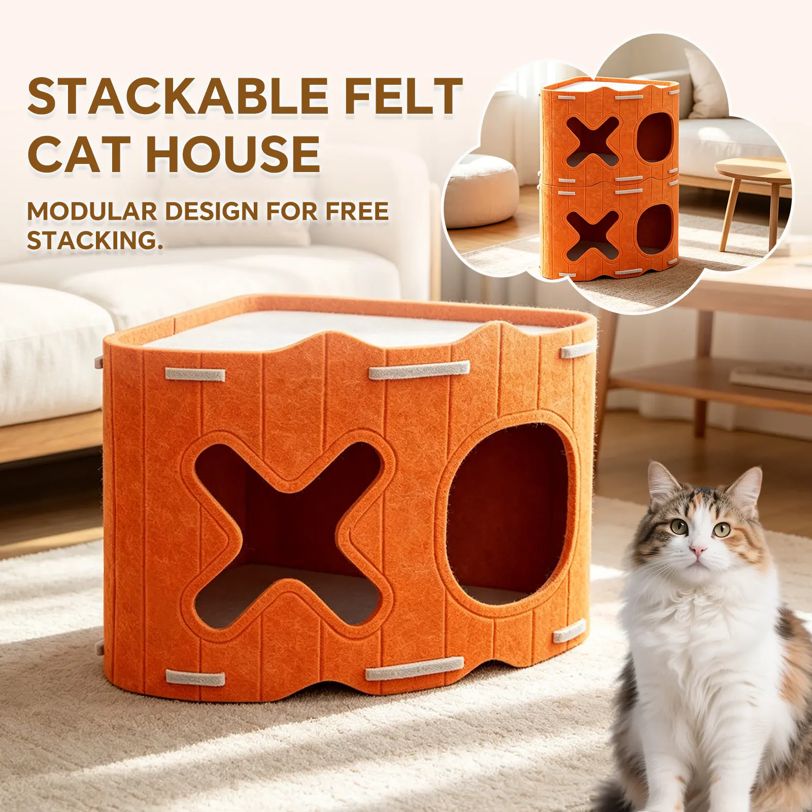Stackable Felt Cat House, Modular Indoor Cat Condo with Corner-Friendly Design, Orange or Green