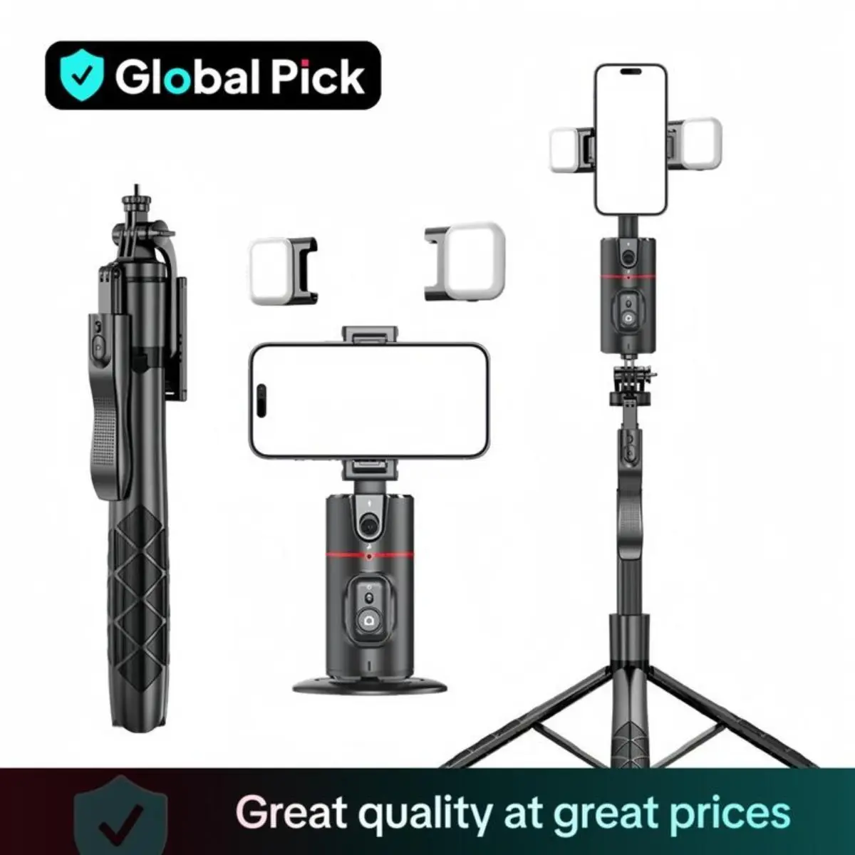360° Adjustable Gimbal Selfie Stick with Tripod & Light - Portable Stabilizer Camera Accessory for Live Streaming, Vlogging - Compatible with All Smartphone, Cellphone, Mobile Device