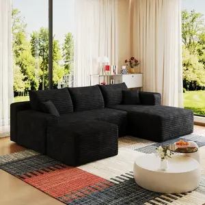 Aobtkel®95" Cloud Sectional Sofa with 1 Ottoman,Modern Minimalist Upholstered Couches, Comfort U Shaped Sofa for Living Room,Deep Seat Corner Couch,No Assembly Required,Black (Plush Corduroy Fabric)