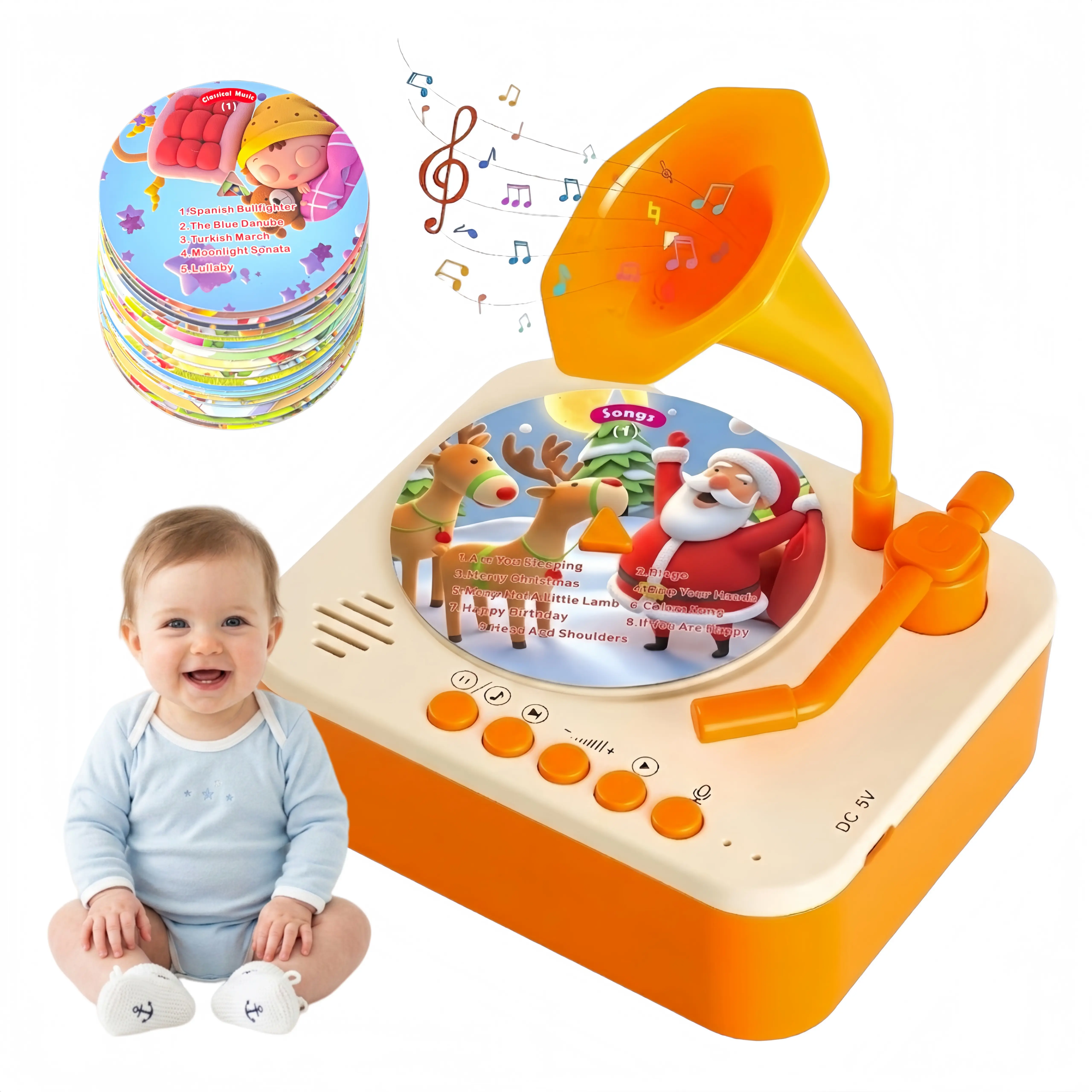 Retro Horn Look Kids Gramophone Record Player Toy with Rechargeable Battery, Recording Function, DIY Custom Blank Discs, Educational Early Learning Interactive Audio Gift for Ages 2+ Boys & Girls