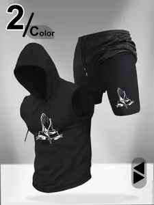 Men's 2-In-1 Graphic Gym Shorts with Inner PocketsSummer Double-Layer Training & Running Shorts,Drawstring Waist, Casual Fashion Fit +Hooded sports vest