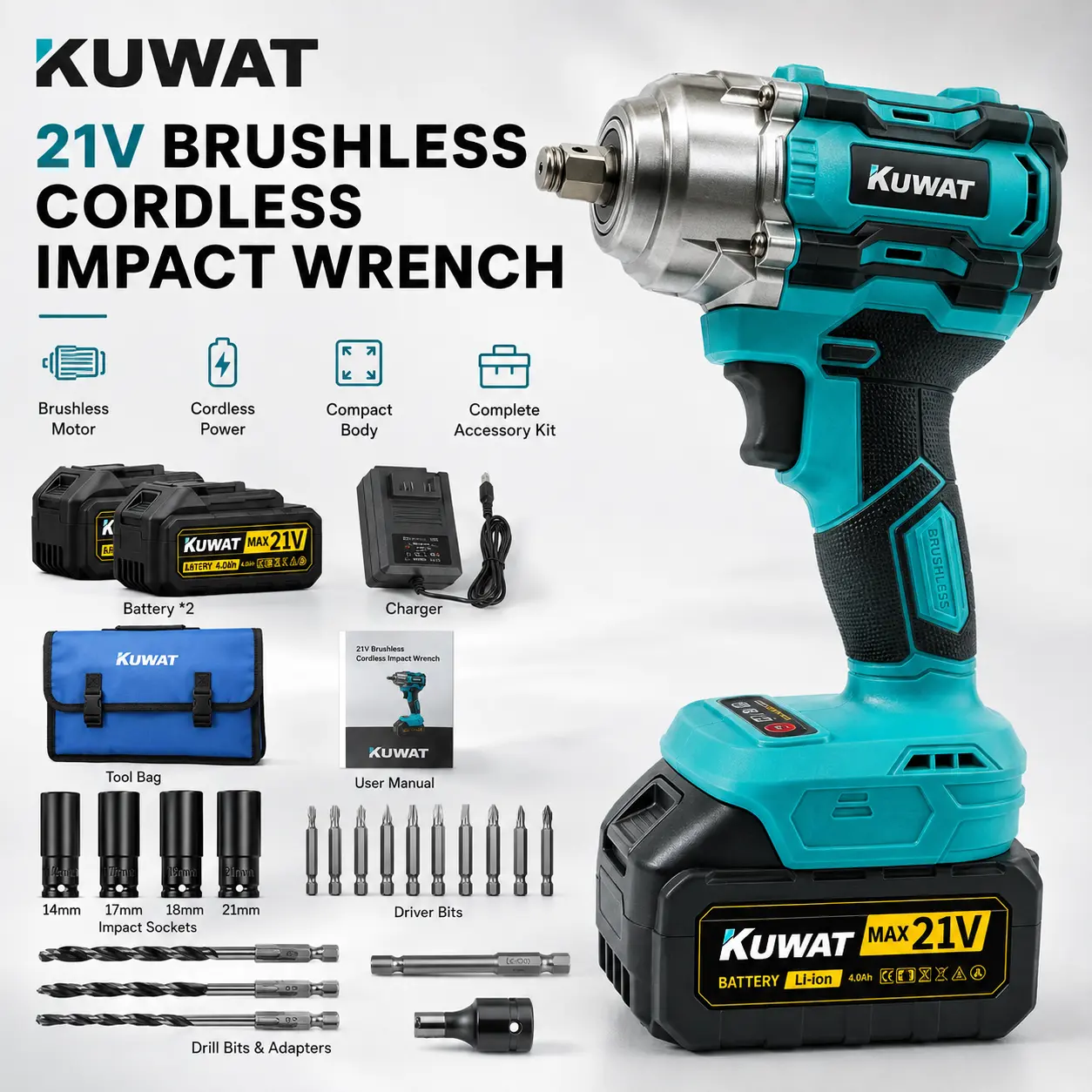 Kuwat MAX 21V Brushless Motor Cordless Impact Wrench Complete Kit - 4000mAh Lithium-Ion Battery, Wireless Drill, Ergonomic Handle, 4 Speed Levels, Male Gifts for Yard Work