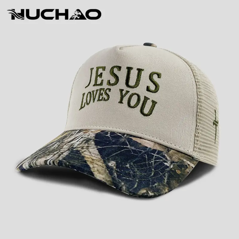 Unisex Jesus Loves You Embroidered Camo Breathable Cotton Trucker Hat, Mesh Cap for All Seasons, Sport Outdoor Sun Protection Adjustable Accessory,Snapback Baseball Cap, Perfect for Casual Outfits&Daily Wear,Ideal Gift for Faithful Friends&Family vacation