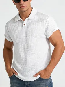 Men's Knitted Plaid Hollow Out Breathable Short Sleeve Relaxed Fit Polo Shirt, Casual Stylish Soft Comfortable Fabric, Suitable for Daily Wear