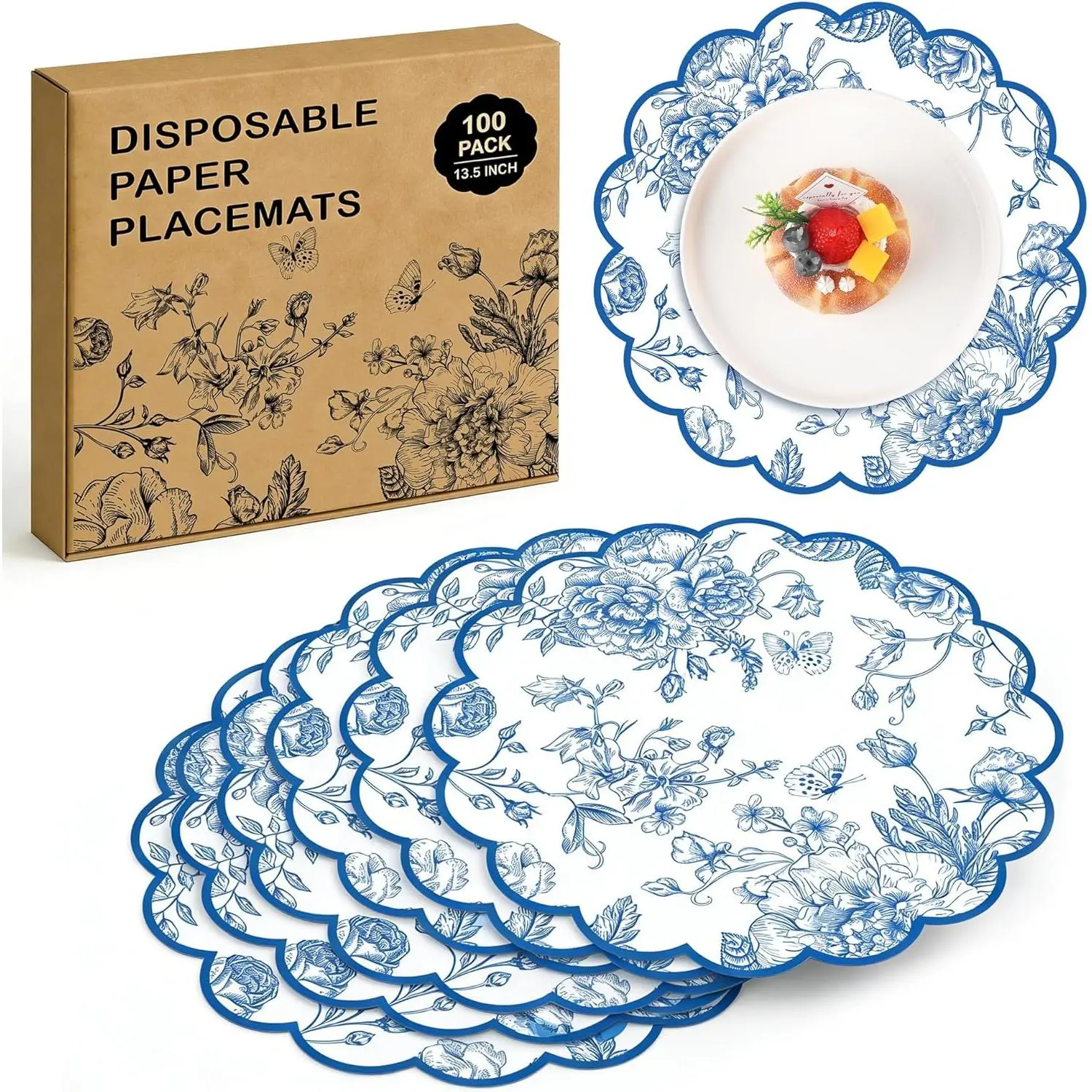 Kochorie Blue Floral Paper Placemats 100 Pack, Disposable Scalloped Table Mats, Blue Vintage Flower Paper Place Mat, 13.5 x 13.5 Inch for Weddings Bridal S