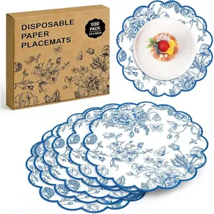 Kochorie Blue Floral Paper Placemats 100 Pack, Disposable Scalloped Table Mats, Blue Vintage Flower Paper Place Mat, 13.5 x 13.5 Inch for Weddings Bridal S