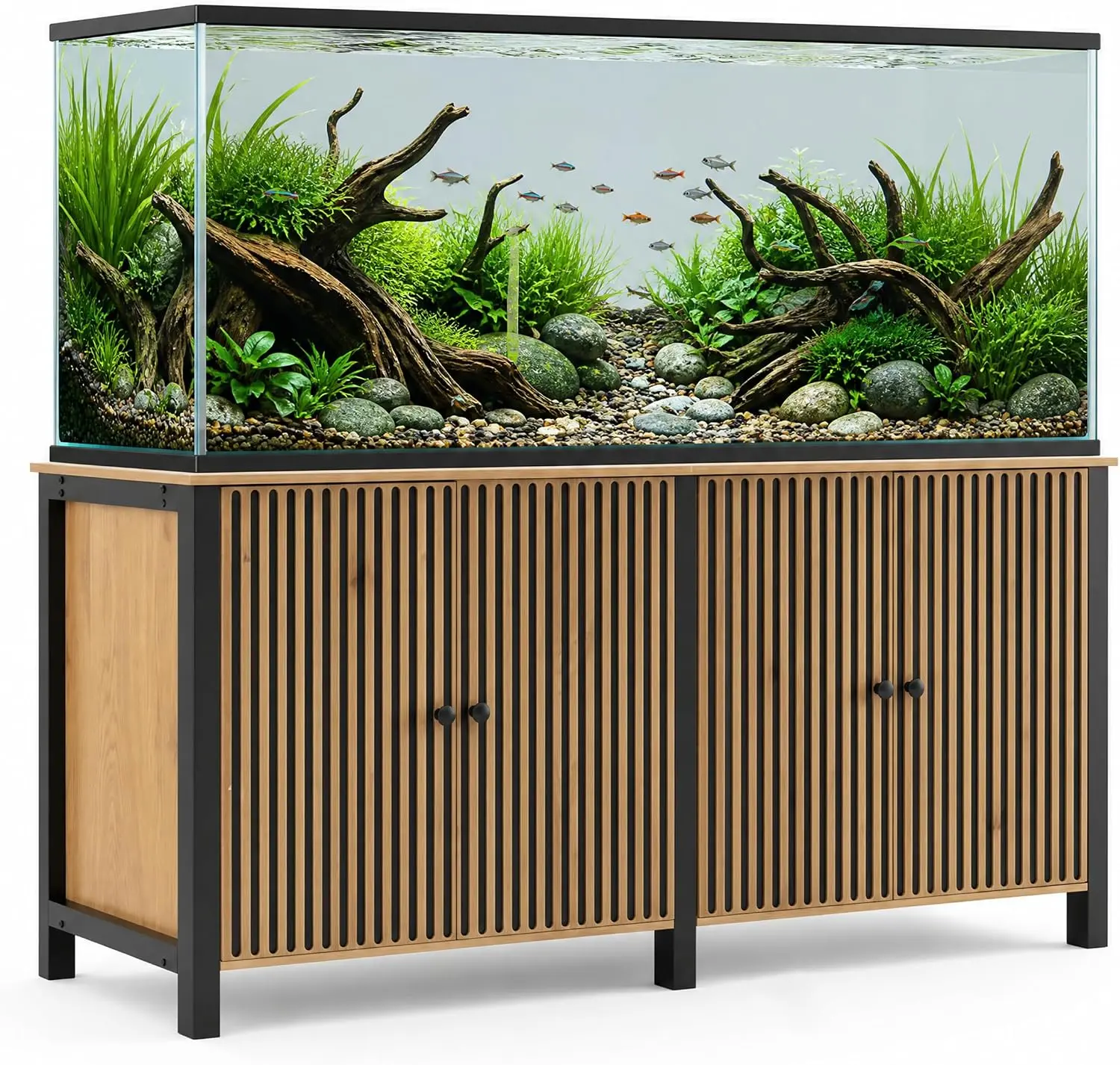 125-150 Gal Fish Tank Stand 60x24 Tabletop Aquarium Stand Cabinet | 2200 lb aquarium stand with built-in power, cabinet storage, open-back access, and furniture-style clean setup, Wood Finish