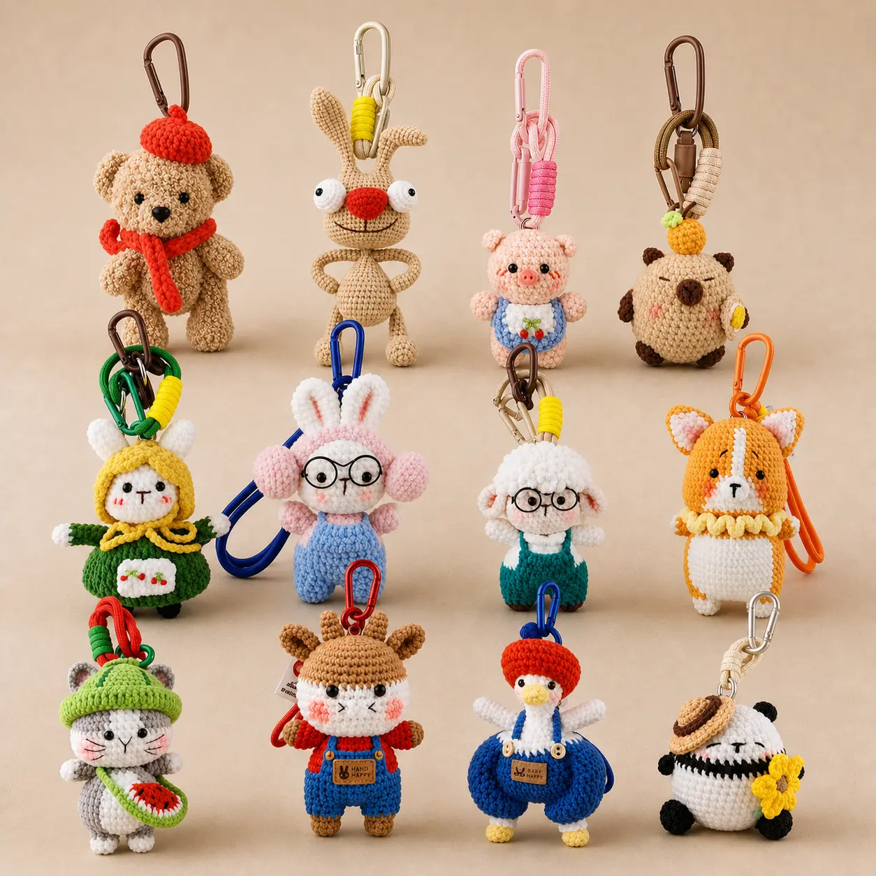 Huggli Handmade Amigurumi Crochet Animal Keychain - Nylon Carabiner Clip, Nylon Wrist Strap, 2.8 Inches Wide 3.5 Inches Tall Cute Stuffed Toy Bag Charm for Everyday Animal Gift