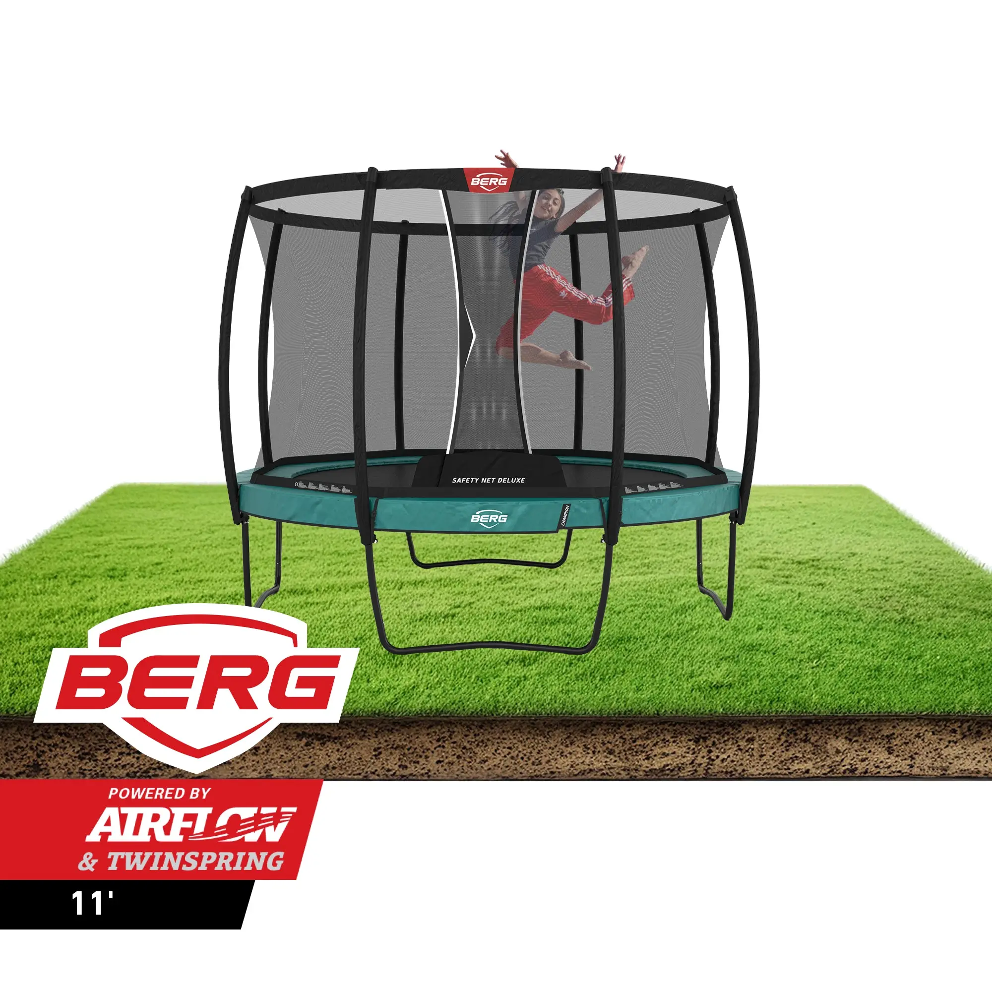 BERG Champion 11' Round Above Ground Trampoline + Safety Net Deluxe