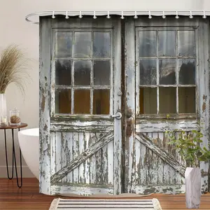 1pc Rustic Wooden Door Shower Curtain - White Distressed Paint, with Door Handle Lock and X-Pattern Window, Durable Polyester Fiber, 70.8x 70.8inch Bathroom Decor Includes 12 Hooks, Machine Washable Laundry Room Accessory |   Fashionable bathroom curtain
