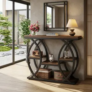 Industrial Rustic Brown 4-Tier Console Table,39.4 Inch Narrow Wood Metal Frame Entryway Accent Table With Anti-Tip Design,Sturdy Multipurpose Storage Sofa Table For Living Room Hallway Foyer Home Decor