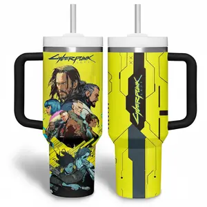 Cyberpunk 2077 40oz Tumbler with Handle and Straw | Johnny Silverhand & Night City Crew Insulated Travel Mug | Gamer Gift Merch | Stainless Steel