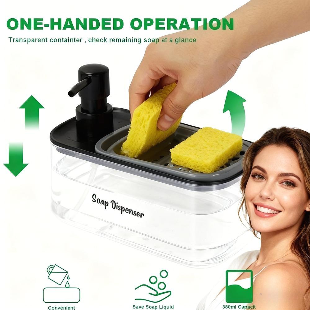 1pc Multi-Function Soap Dispenser with Built-In Sponge Holder - Leak-Proof, Battery-Free Pump, Space-Saving, Hygienic Hands-Free Design for Kitchen Bath Countertop Organizer - Durable Rectangular Gift Option