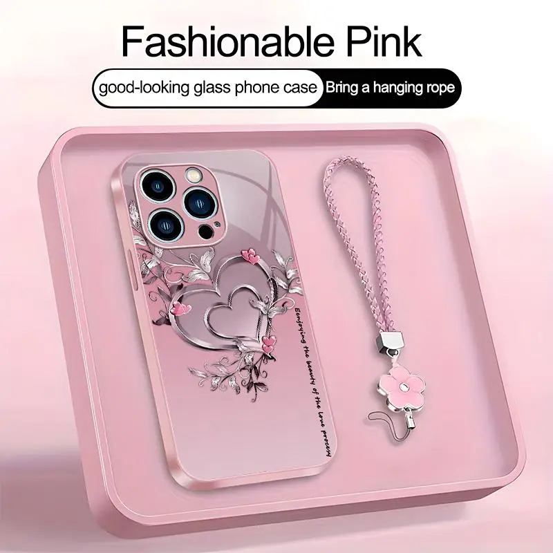 Suitable for [iPhone 14 Pro] high-end phone case，a beautiful four-leaf clover lanyard is included,Premium heart pattern,a variety of colors are available for you to choose from YM99