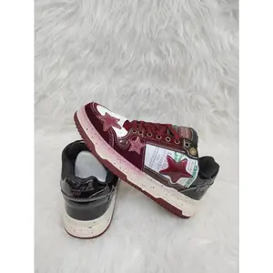 Men's Wine Star Decorated Sneakers, Vintage Design & Premium Material, Street Fashion Daily Wear, Unique and Durable