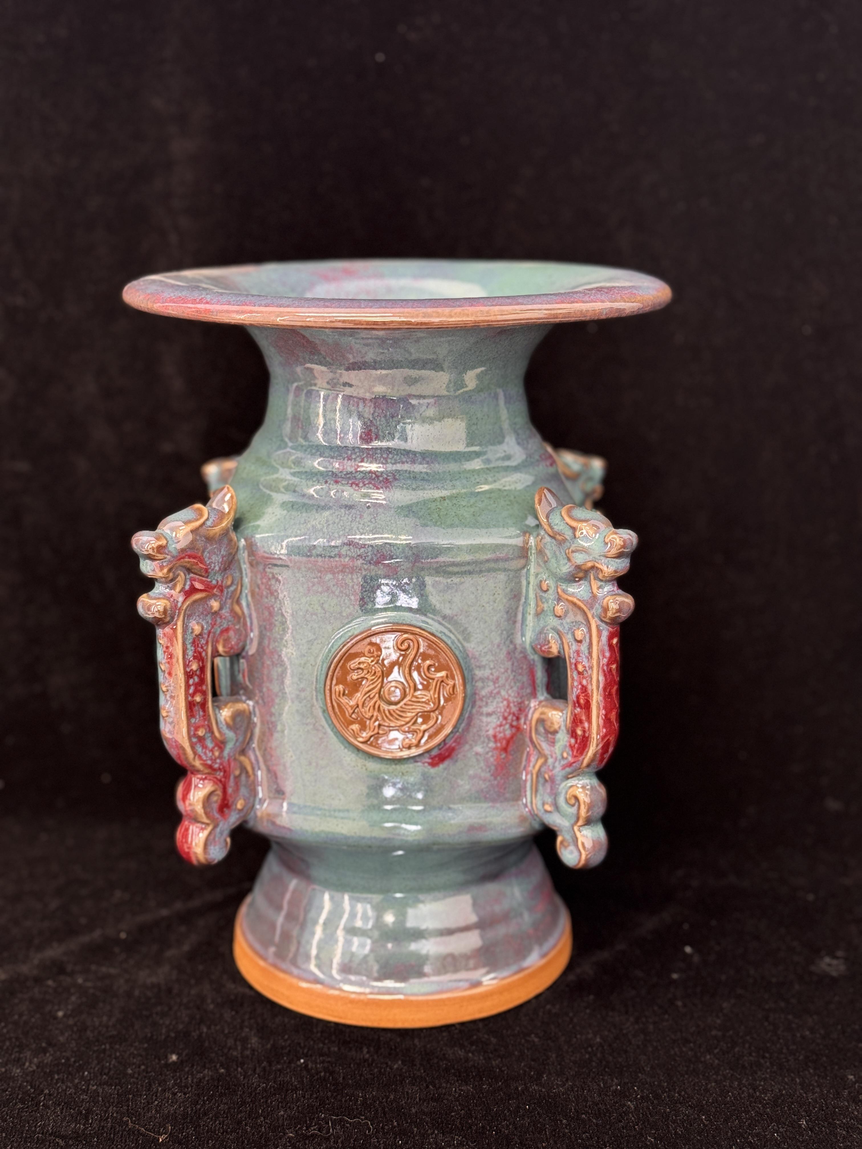 Handmade Chinese Jun Porcelain Vase with Mythical Beast Relief, Vintage Kiln-Fired Glaze Ceramic Vase, Unique Asian Art Home Decor