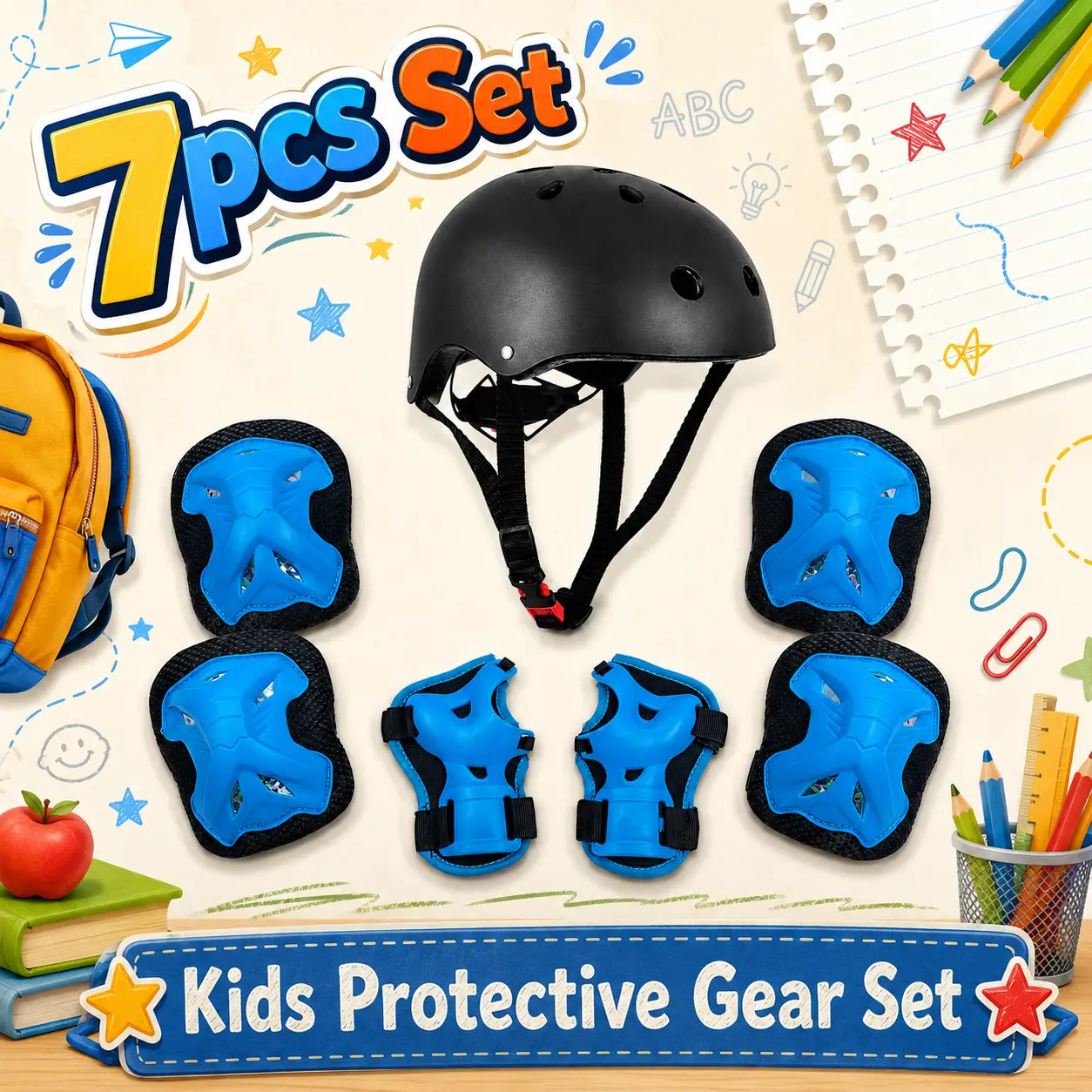 7PCS Kids Bike Helmet and Protective Pads Set, Adjustable Helmet with Knee Elbow Pads and Wrist Guards for Skating, Scooter, Cycling and Skateboarding, Ages 5-10