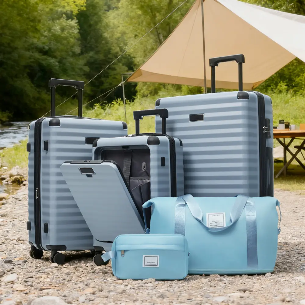 Luggage Sets 5 Piece with Front Opening , Hardside Expandable Carry on Suitcase with Spinner Wheels TSA Lock USB Port Cup Holder Duffel Bag and Toiletry Bag