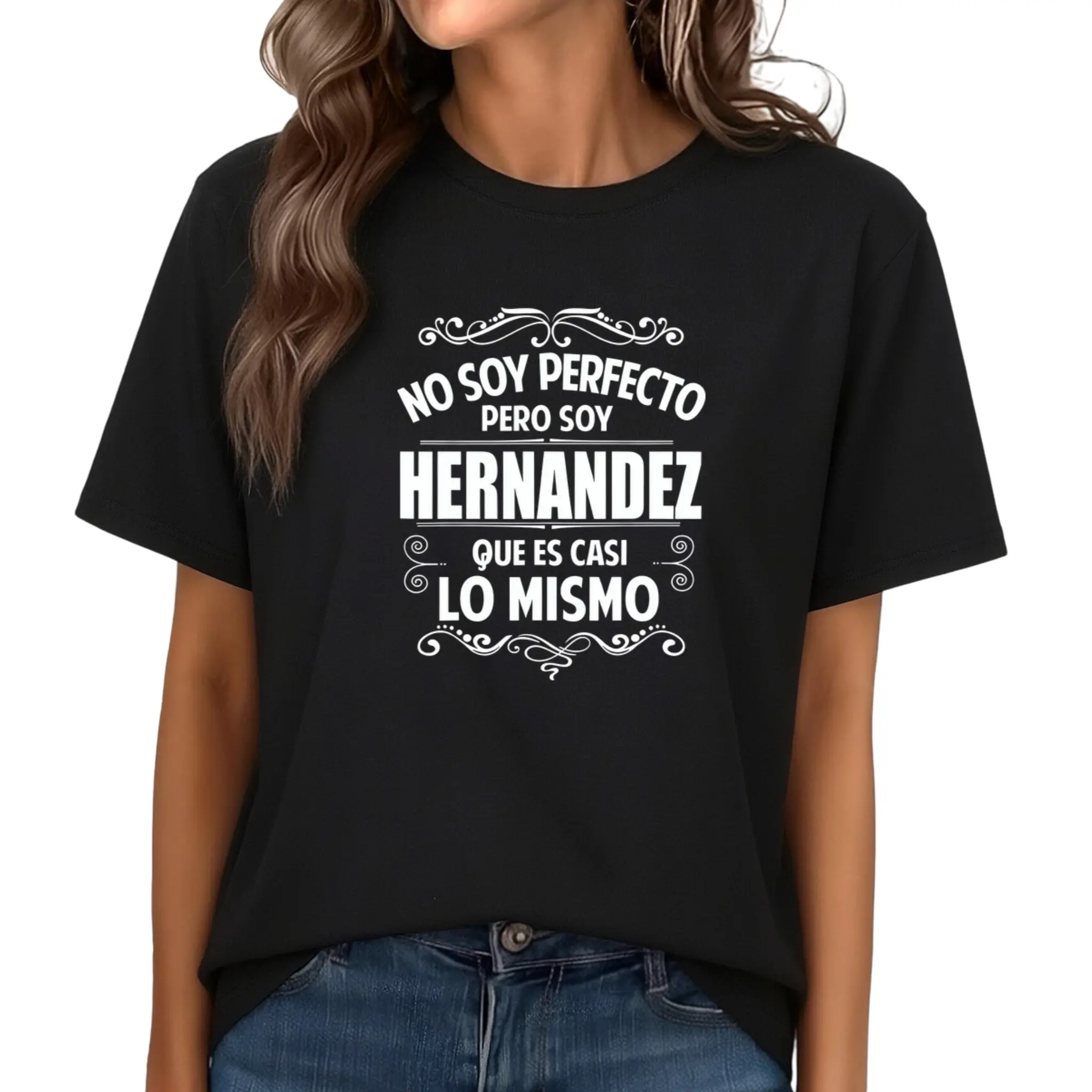 Women's Spanish Hernandez Family Pride T-Shirt - Vintage Mexican Slogan "No Soy Perfecto/No Soy Defecto" & "Hernandez" Name Print, Casual Short Sleeve Tee for Hernandez Last Name Outfits Crewneck Tshirt