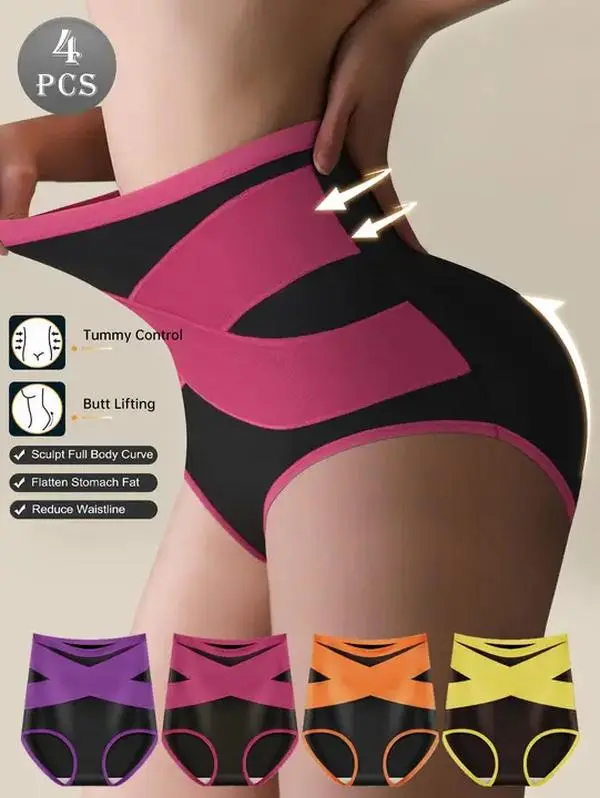 QUASTI 4 Pack High Waist Underwear,Cross Compression Shapewear Panties, Milk Silk Tummy Control Butt Lifting Underwear for Women