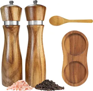 [Summervibes] 2 Pack Wooden Salt and Pepper Grinder Set:Pepper Grinder Manual,Adjustable Coarseness,Crafted of Acacia Wood with Ceramic/Stainless Steel Core,Along with Salt & Pepper Mill Tray,Spoon,Hand Tools Kits